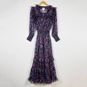 Misa Virginie Chiffon Smocked Stretch 3/4 Sleeve Ruffle Maxi Dress XS / XXS